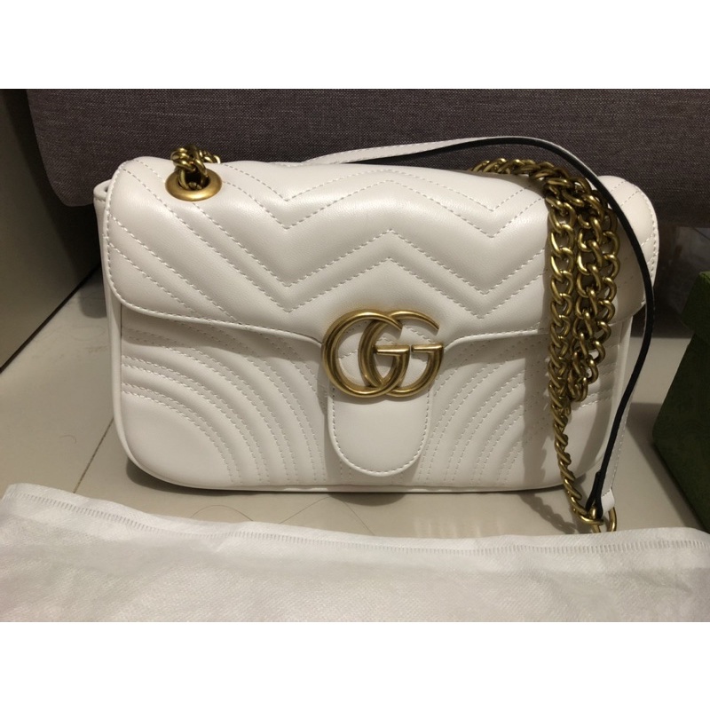 Preloved Gucci Putih Marmont Rantai Gold Tas Bag 26 Selempang Cewek Bahu Cover Box COD Sporty Baru