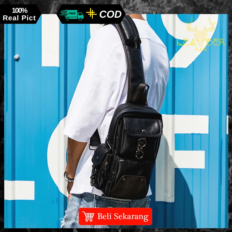 Tas Waist Bag Kulit Pria Original Model Terbaru Warna Hitam Atau Tas Slingbag Selempang Kulit Cowok Distro Import C12 GALAXI