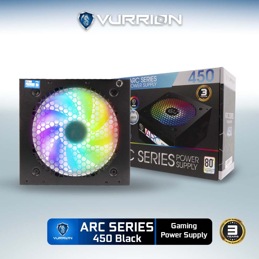 Power Supply 450W ARC Series Vurrion PSU Gaming 450Watt 80 Plus Resmi - Putih, 450W