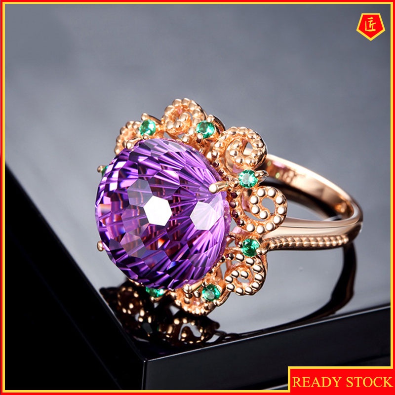 [Ready Stock]Amethyst Colored Gemstone Ring 14K Rose Gold Refined Personalized