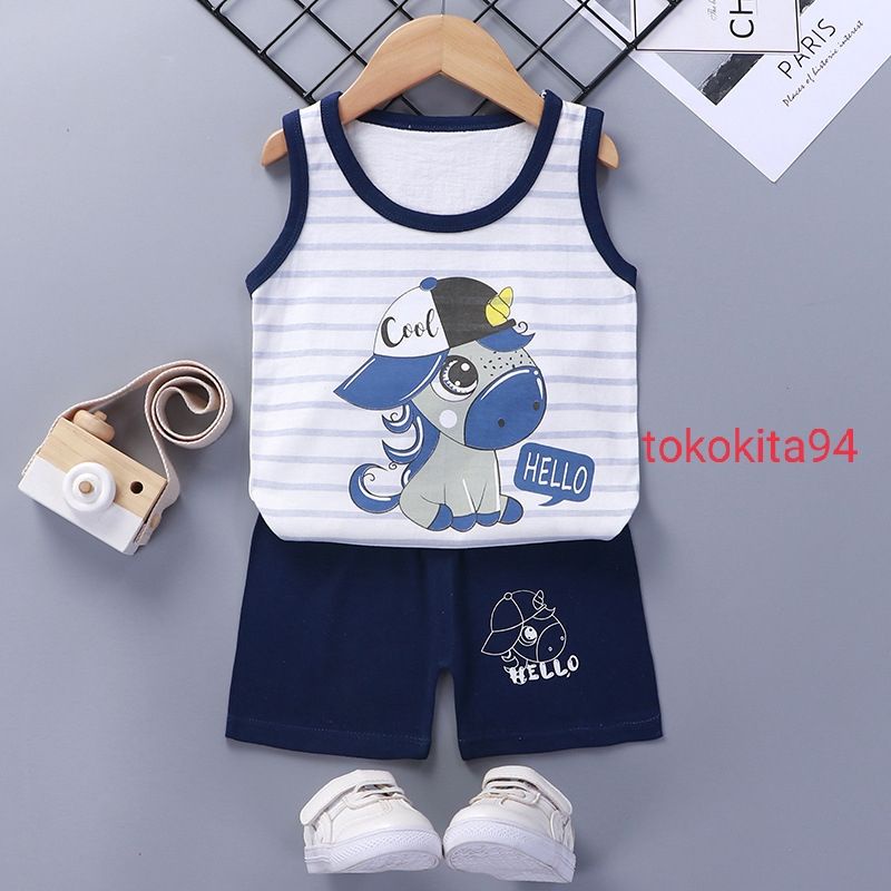 Setelan Singlet Anak  Import Laki Perempuan Motif Kartun - 1Set Singlet Anak Usia 6 Bulan sampai 4 Tahun - Setelan Anak Atas Bawah Korean Style Bahan Adem - Setelan Baju Anak Import