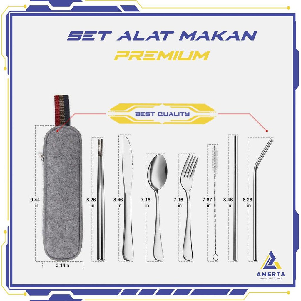 Satu Set Alat Makan Stainless Stell | Sendok Garpu Pisau Sumpit Sedotan