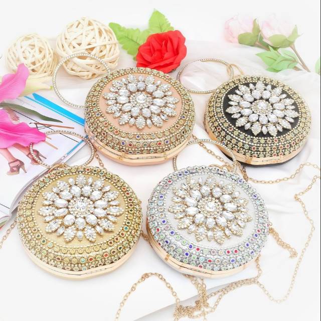 tas pesta cewe bulat bulet round circle lingkaran clutch bag import india arab batu permata rose