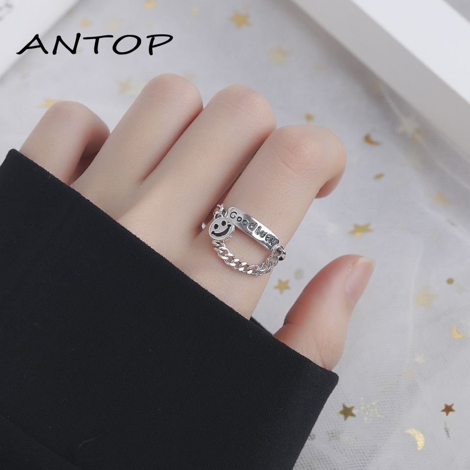 2 Pcs Fashion Keren Logam Cincin Retro Tren Rantai Wajah Tersenyum Jari Telunjuk Cincin Kepribadian Gaya Punk Perhiasan Sederhana Unisex ANTOP