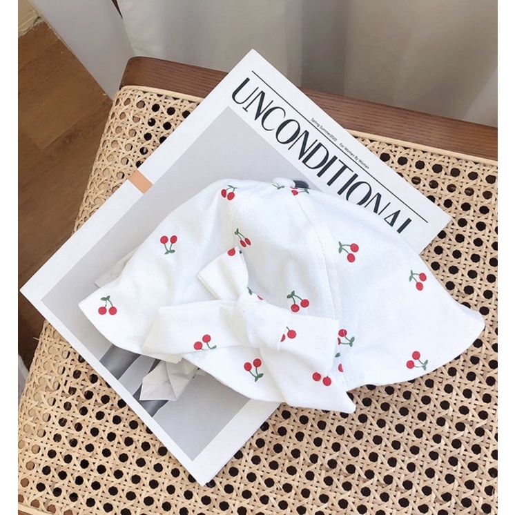 Topi Bucket Anak Bayi Balita Perempuan Import Model Pita Cherry-White