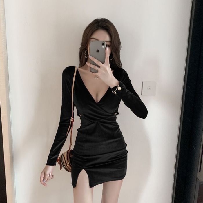 Korean Velvet Mini Dress Wanita Beludru V Neck  Lengan Panjang 1419(S-XL)