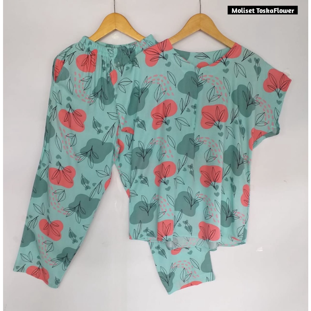 Setelan Piyama Babydoll Lengan Pendek Kekinian Baju Tidur One Set Rayon Premium Wanita Dewasa Busui-Toska Flower