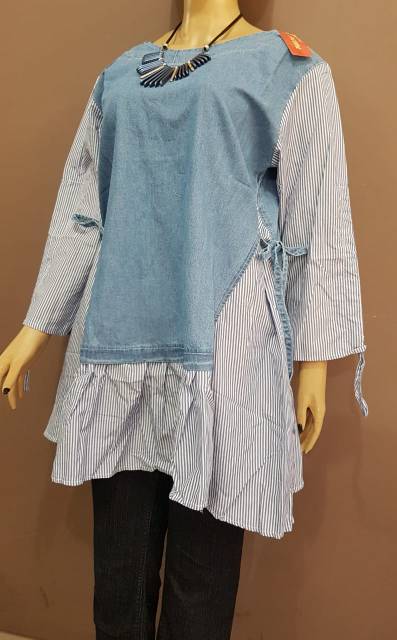 YULI - Atasan Kemeja Jeans Wanita Lengan 7/8 Combinasi (kode 63)