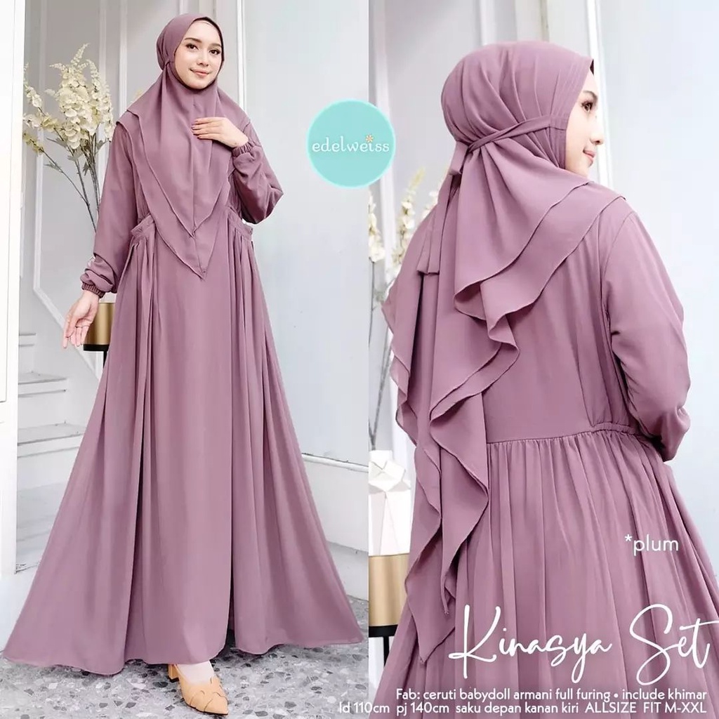 Kinasya Syari Gamis Set Hijab Baju Setelan Wanita Jumbo Gamis Polos Premium Dress Khimar Ceruty