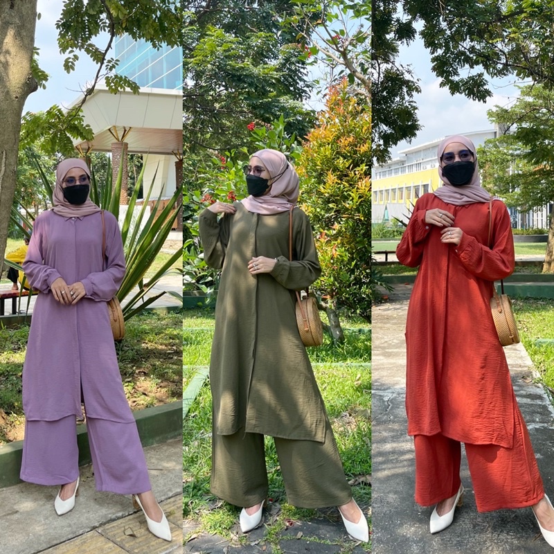 SET LONG TUNIK HANUM CRINKEL AIRFLOW TERBARU KEKIKINAN SETELAN WANITA POLOS 2022 TERLARIS