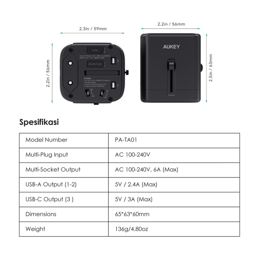 Aukey Adapter Universal PA-TA01 with Type C + USB Port - SKU : 501426 - Garansi Resmi 2 Tahun