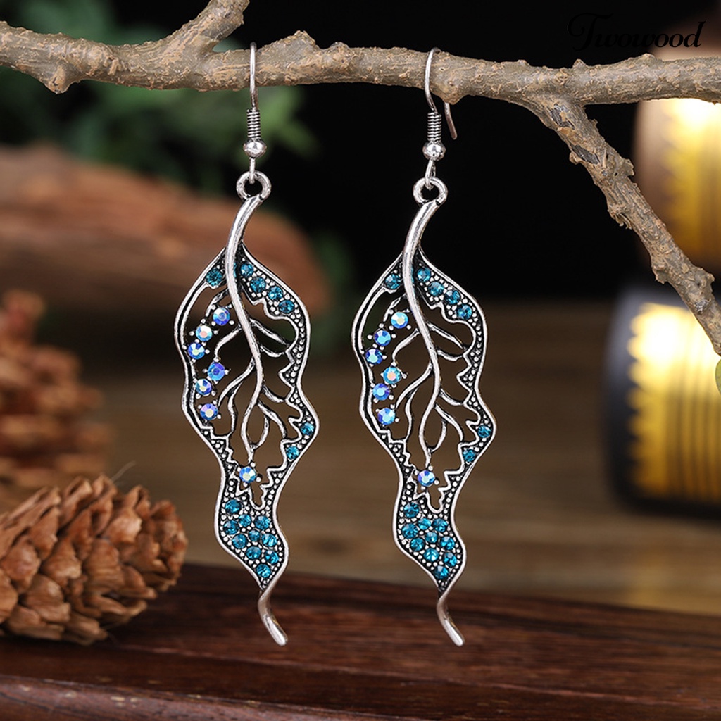 Twowood 1 Pair Hook Earrings Leaf Colored Rhinestones Jewelry Electroplated Long Lasting Drop Earrings for Wedding