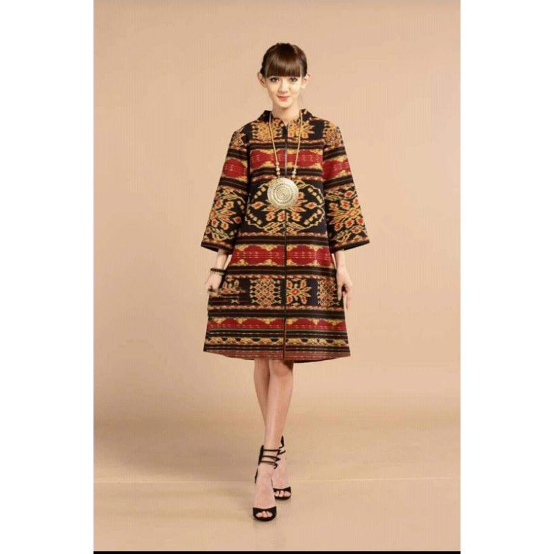 Dress tenun  jepara baju tenun ethnic modern dress resleting jaket  DTB23