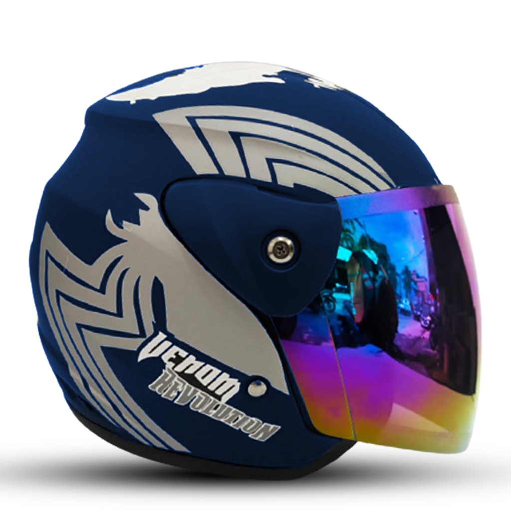 Helm Half Face Evo Evolution Venom Kaca Silver / Pelangi - Helm Premium Untuk Pria Dan Wanita Dewasa SNI