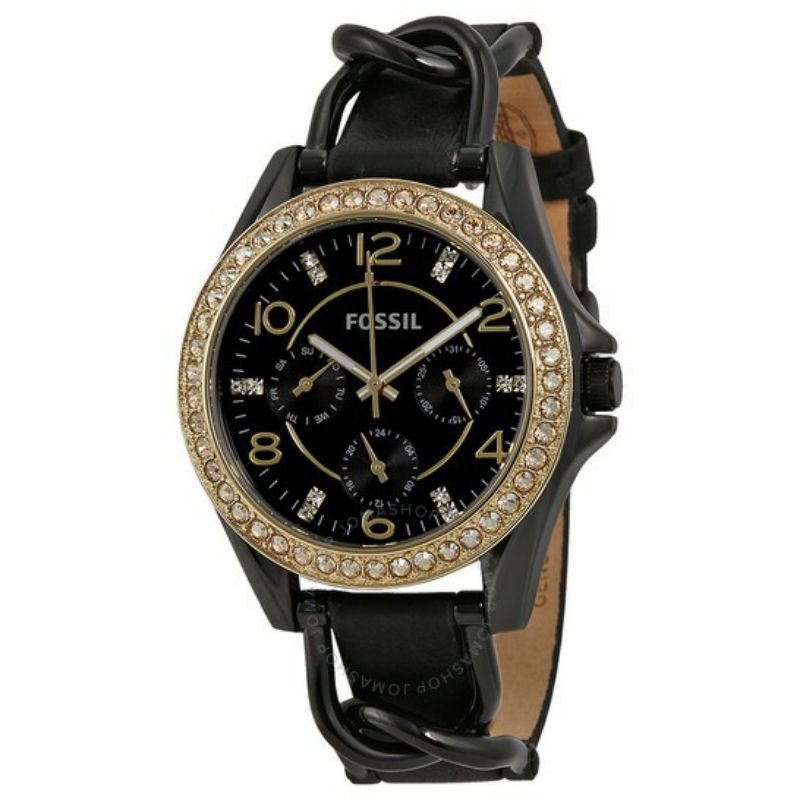 Jam Tangan Wanita Fossil ES3696 Riley Black Crystal Black Leather Original keren tin box lengkap ori