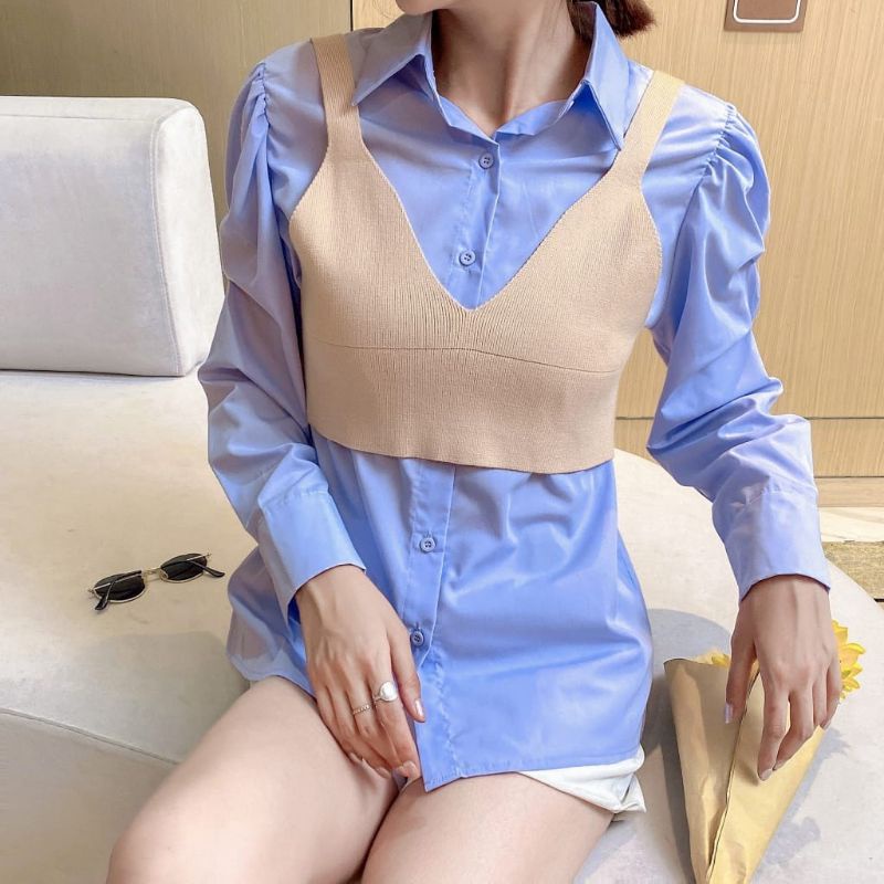 MDLV ~ 5831 NEPLOE PLAIN SHIRT W VEST SET KEMEJA DAN VEST RAJUT ELASTIS FASHION IMPORT WANITA