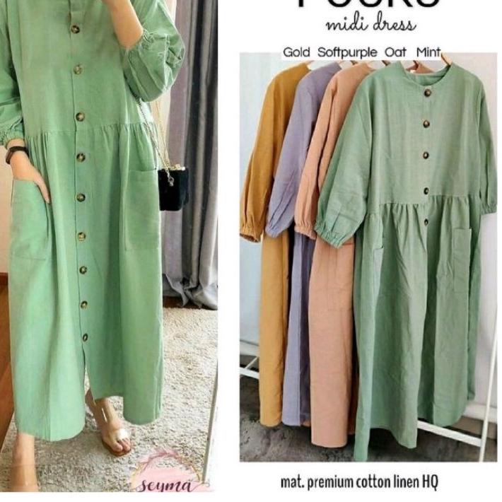 Midi Dress Katun Linen Rami  Pocku Midi Dress Katun Linen Rami 라마