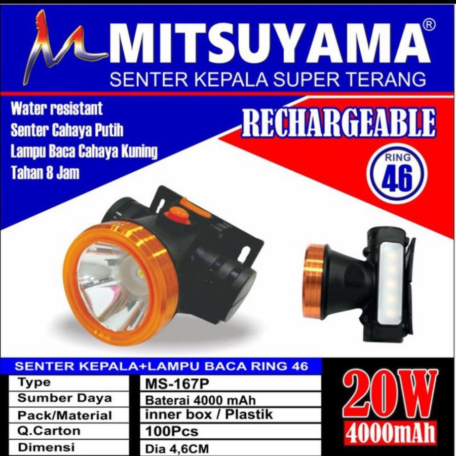 COD SENTER KEPALA Headlamp Mitsuyama MS - 167P Rechargeable / Senter Kepala LED 20W