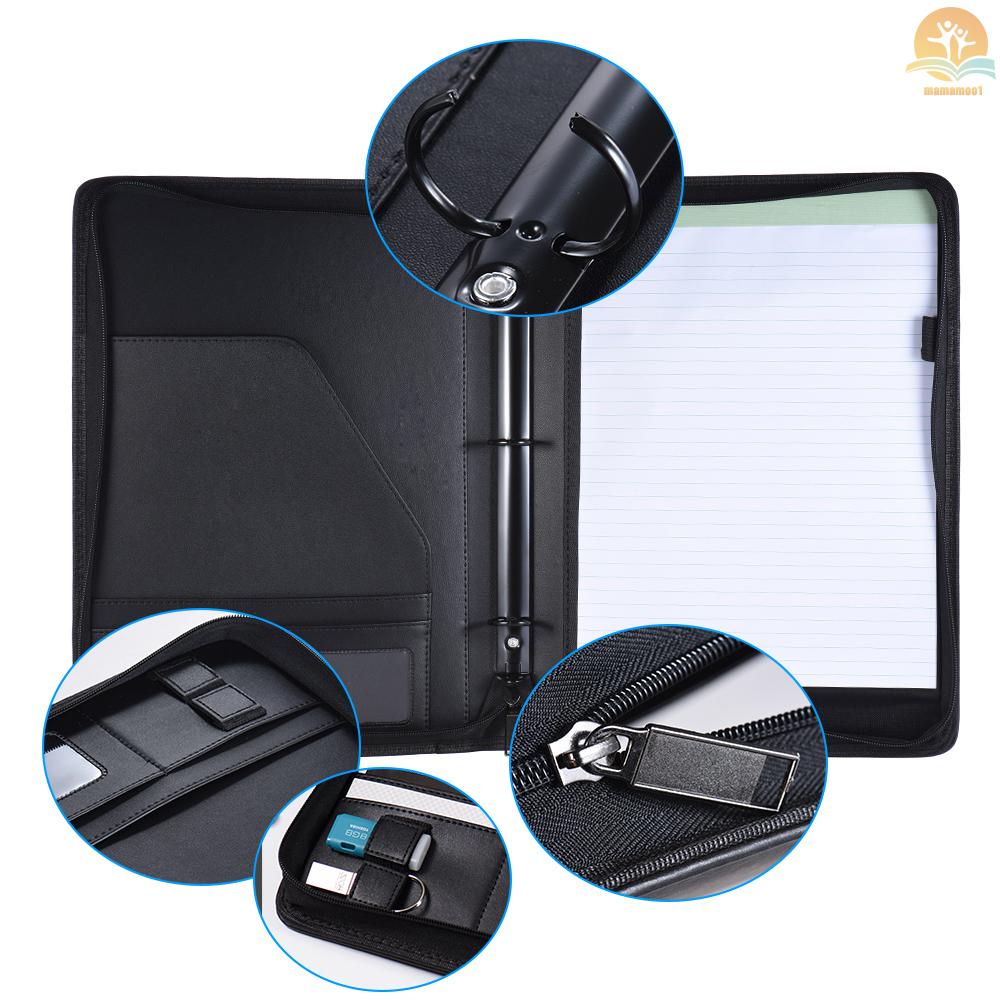 Multifunctional Professional Business Portfolio Padfolio Folder Document Case Organizer A4 PU Leather Zippered Closure Loose-leaf Loop with Business Card Holder Memo Note Pad