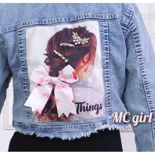 MC girl - Jaket Jeans Crop Rawis Gambar Pita Belakang 3D Wanita / Jaket Denim Body Pendek Rumbai Gambar Belakang Sequin Cewek / Jacket Lepis Snow Wash