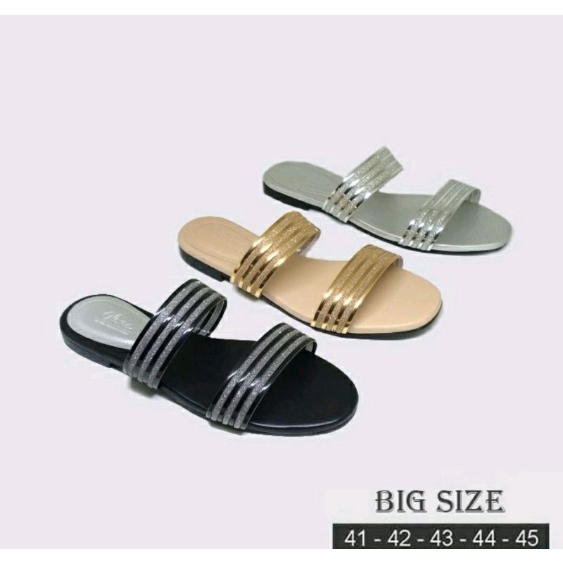 Sandal Garis2 Wanita Big Size 41-45 Sendal Teplek Line JUMBO Hitam Pesta / Sendal Kaki Gemuk Lebar, 45