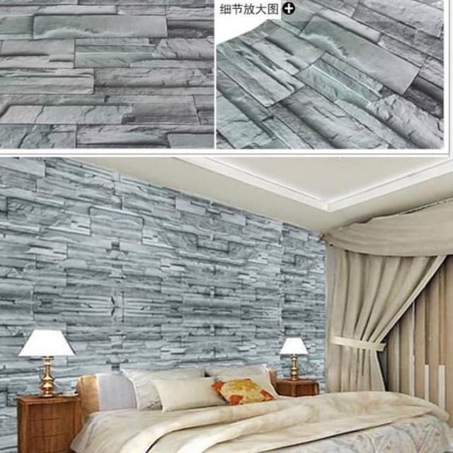 WALLPAPER DINDING MOTIF BATU ALAM SEMU HIJAU 10m x 45cm