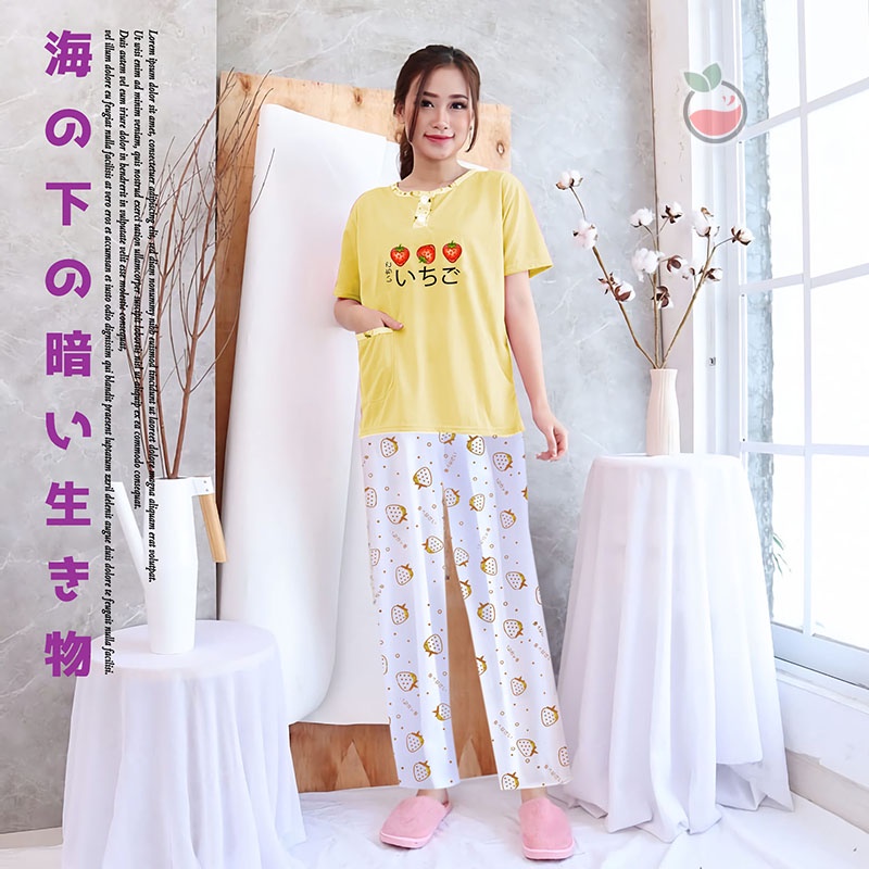 Baju Tidur Stelan Wanita Celana Panjang Baby doll Dewasa Piyama Allsize Cp Lilipop Sleep Wear-Stobery kuning