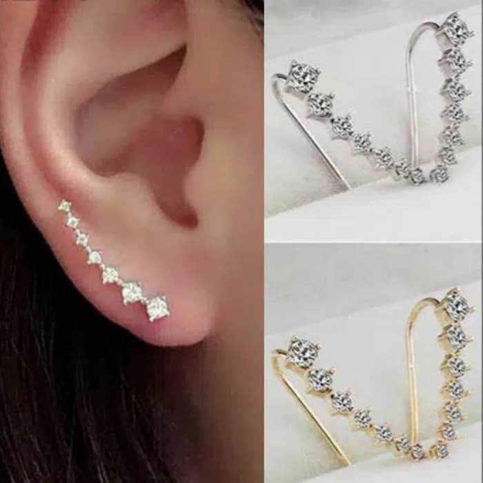 Anting Tindik Fashion Aksen Zirkon Berlian Imitasi Berjajar