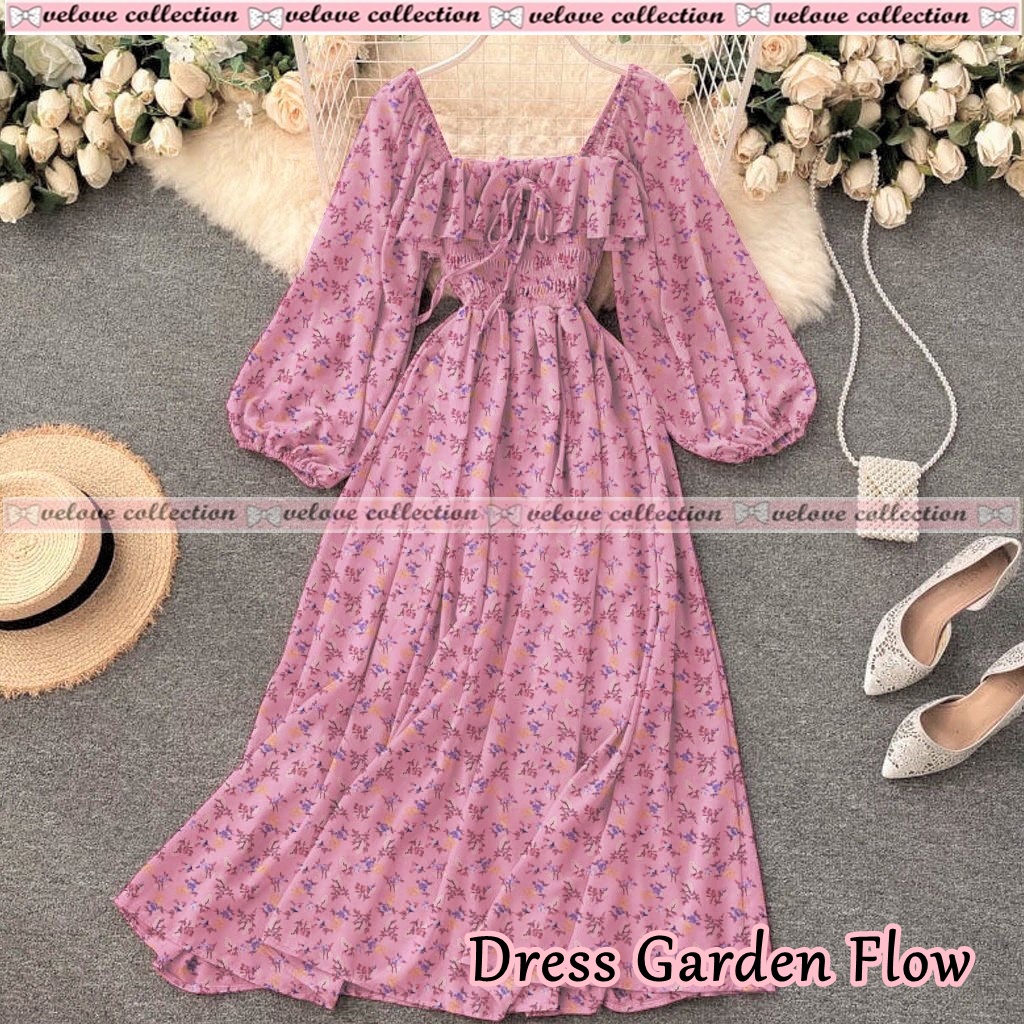 JONKA FASHION - Dress Sora Flower Fashion Wanita Gaya Vintage Dress Casual Terbaru-6121 Dusty Flow