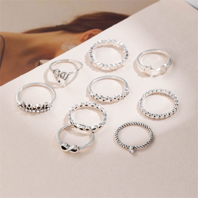 9 Pcs / Set Cincin Desain Sayap Malaikat Bintang Hati Tulisan AMOR 8 Untuk Aksesoris Perhiasan Wanita