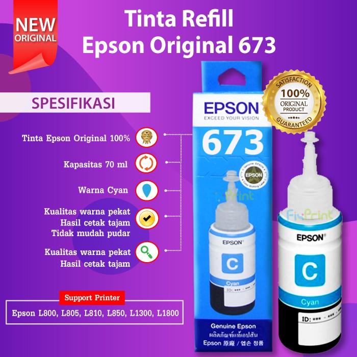 Tinta Epson 673 C13T673 T673 Reefill Original L800 L805 L810 L850 L1800 Black Cyan Magenta Yellow