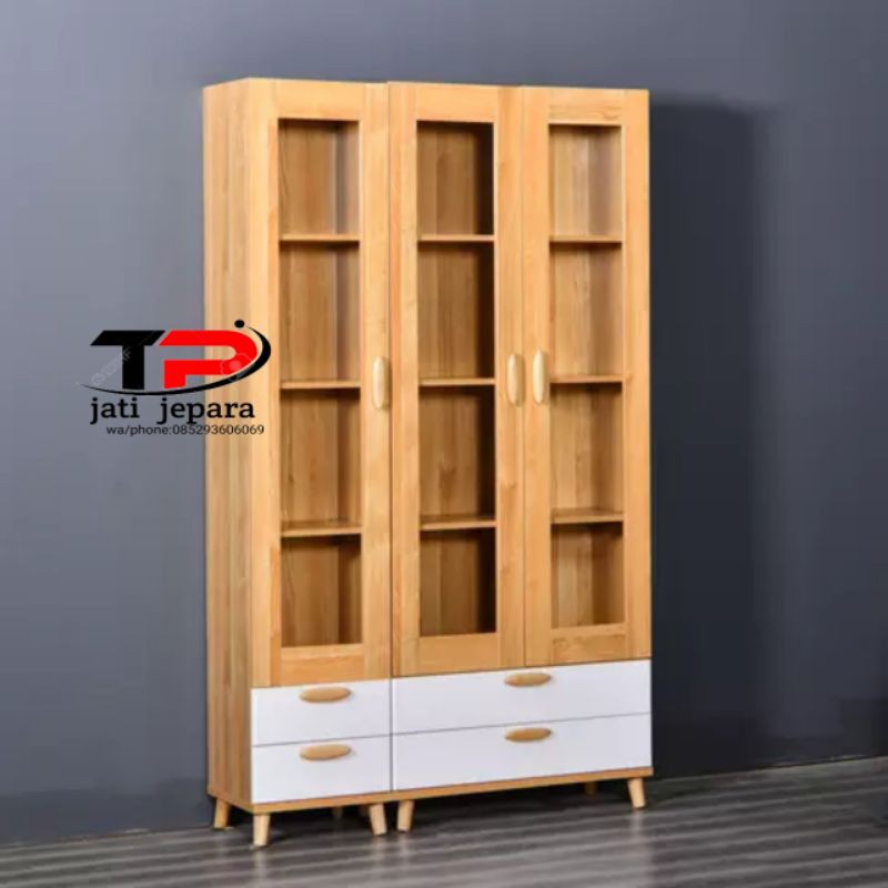 lemari hias kayu jati minimalis atau lemari pajangan kayu jati minimalis