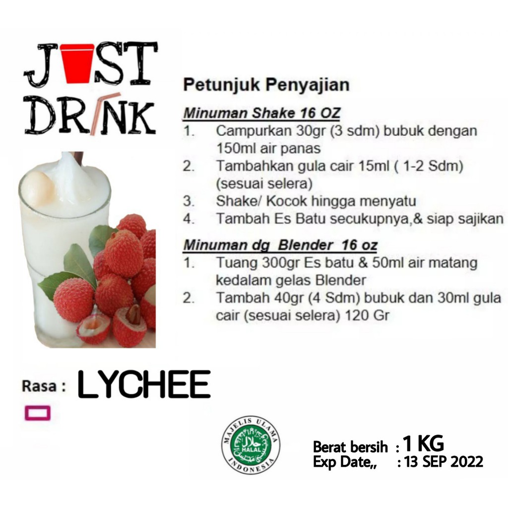 

JUST DRINK LYCHEE Bubuk Minuman KUALITAS PREMIUM Ice Blend Milk Shake LYCHEE 1 KG