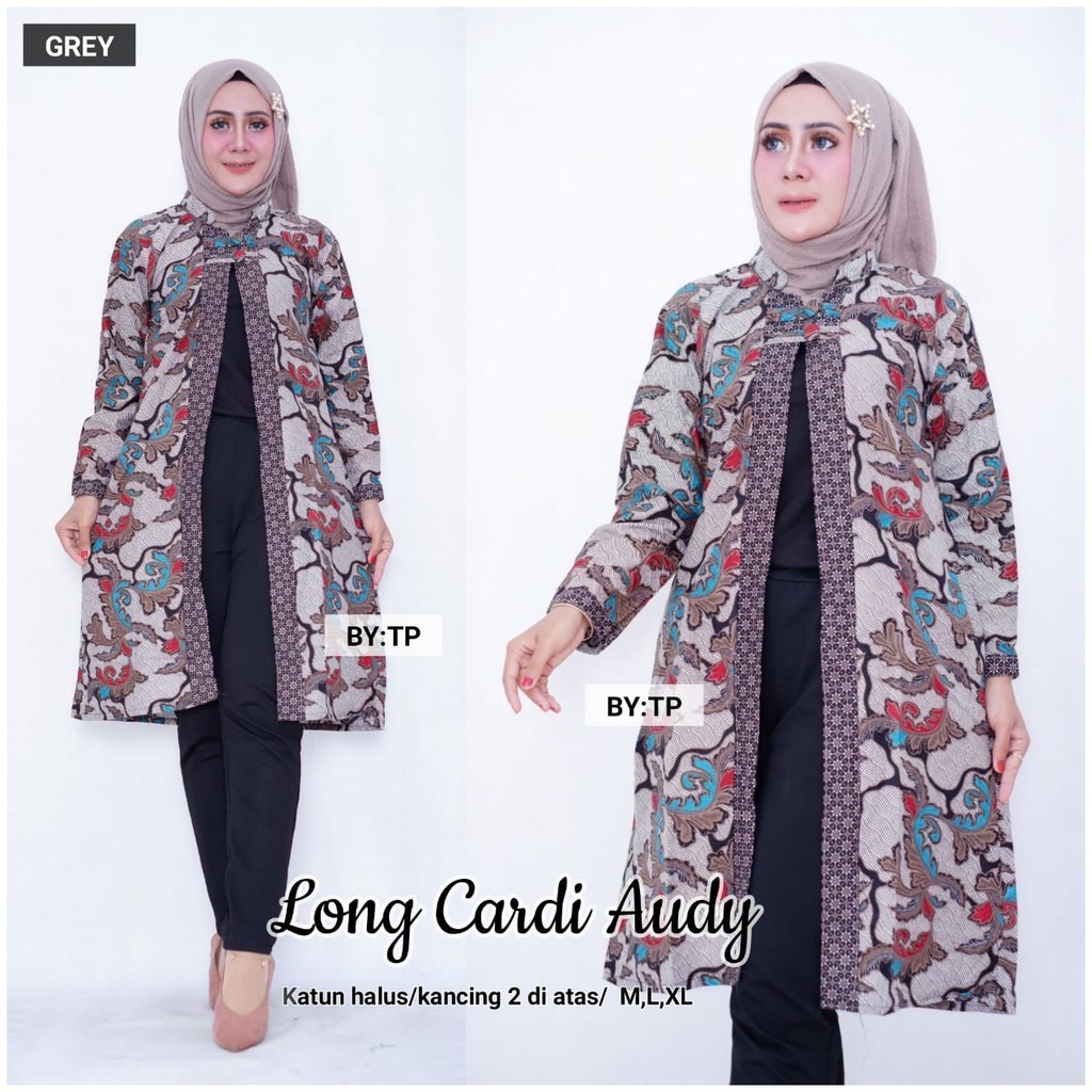 [ADA JUMBO] Long Cardi Audy Lawasan Daun Batik Couple Sarimbit Outer Outerwear Cardigan Muslim