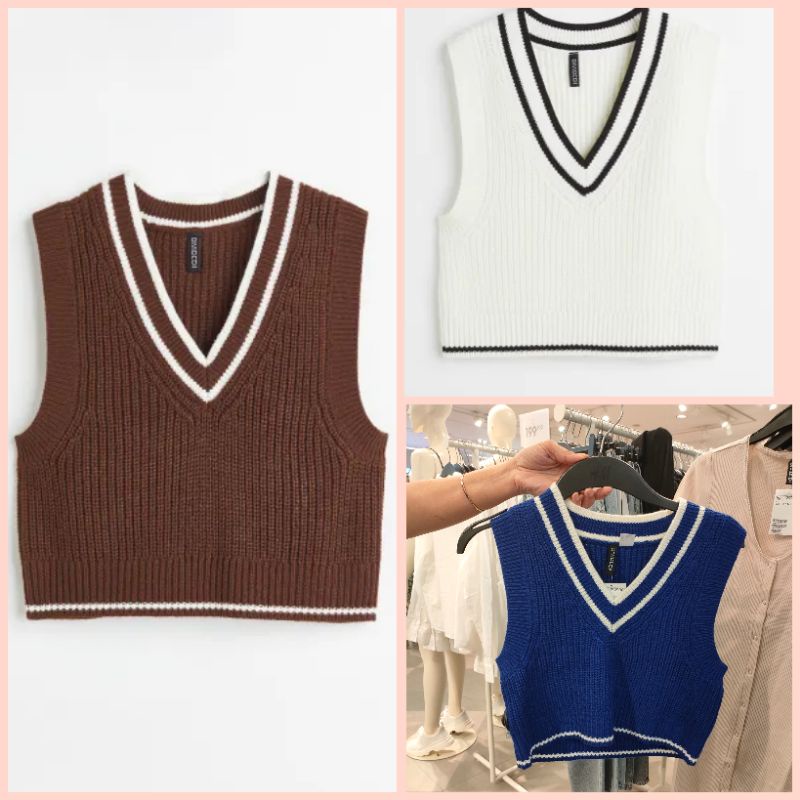 H&M Rompi sweater V neck rajut wanita ribbed sweater vest