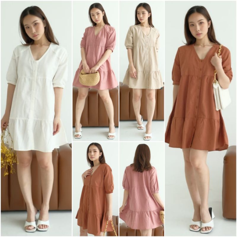 ♡ PREMIUM ♡ ORIGINAL ! MIRRANDA V-NECK BUTTON LAYER MINI DRESS  ( BUSUI FRIENDLY )