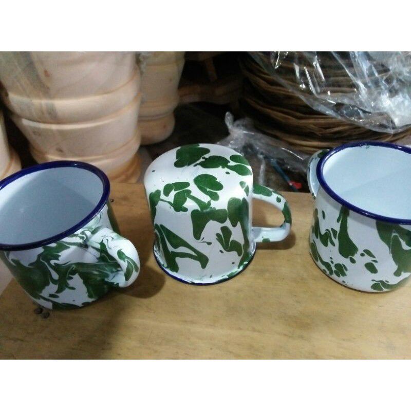 MUG CANGKIR ENAMEL KALENG JADOEL BLIRIK BLURIK LORENG HIJAU  12-pcs 1-Lusin.