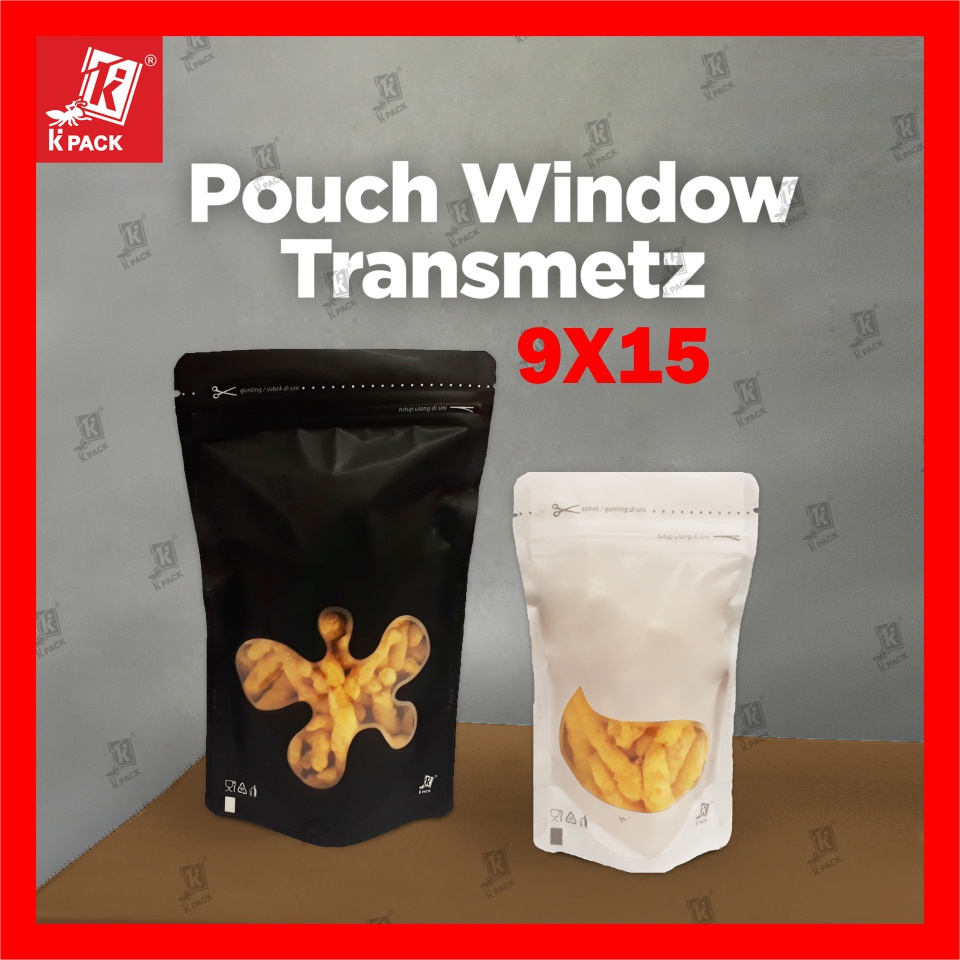[10 Lembar] STANDING POUCH WINDOW TRANSMETZ 9X15 HITAM/PUTIH
