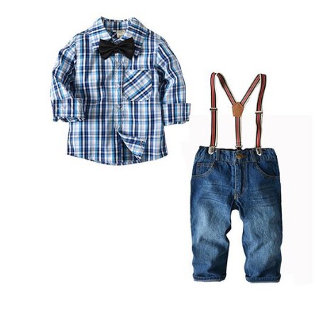Baju Lebaran Anak Celana + Kemeja | Setelan Kotak Biru + Dasi