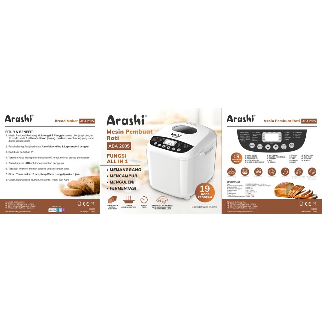 Arashi Bread Maker ABA-2005 Mesin Pembuat Roti Fungsi All in 1 (Memanggang, Mencampur, Menguleni, Fermentasi)