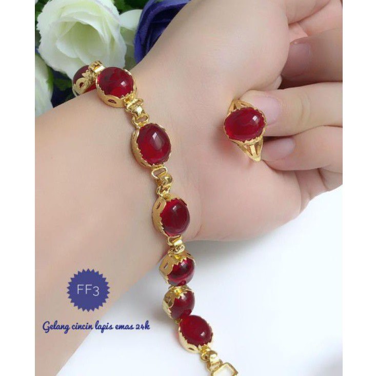 (FEB) PROMO Set Perhiasan Lapis Emas 24 Karat Xuping Gelang Cincin Batu Permata Giok Mirah Titanium