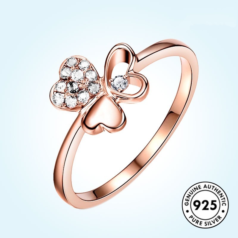 Cincin S925 Silver Rose Gold Bentuk Hati Aksen Batu Permata Untuk Wanita