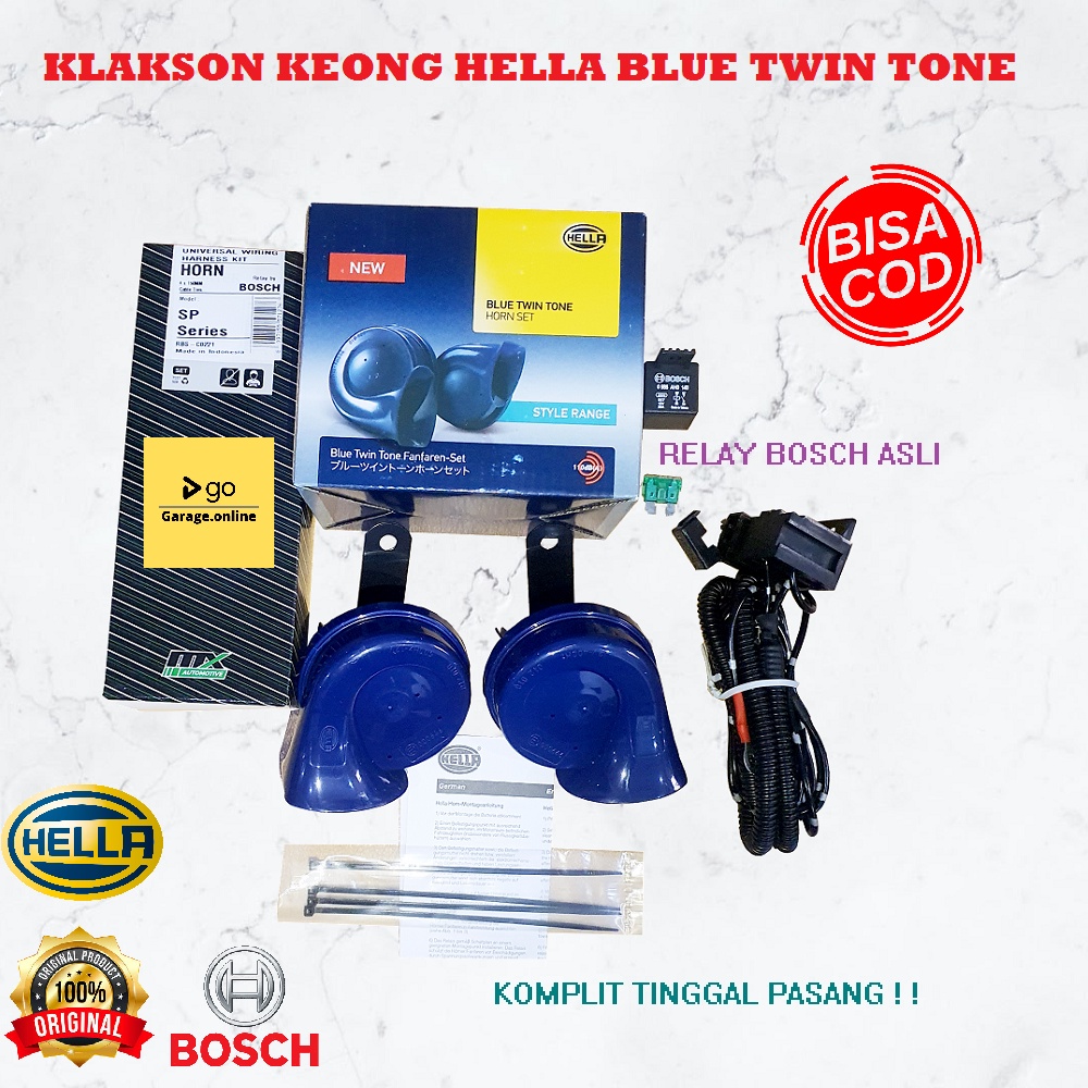 PAKET KOMPLIT Klakson Hella Blue Twin Tone + Kabel Set Relay BOSCH Original