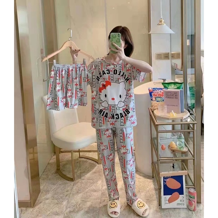 JC- Stelan Oversize 3in1 Import / Piyama 3in1 / Piyama Korea wanita terbaru Murah-3in1 HK GC Grey