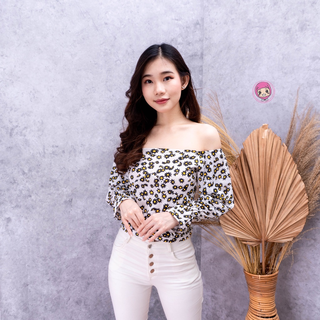 IL - PAULA DAISY LONGSLEVEE - Blus Sabrina Wanita Lengan Puff Motif Bunga Daisy Gaya Korea Blouse Wanita