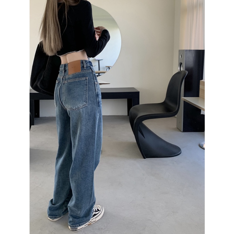 Suhao jeans wanita pinggang tinggi celana lurus longgar celana pel kaki lebar