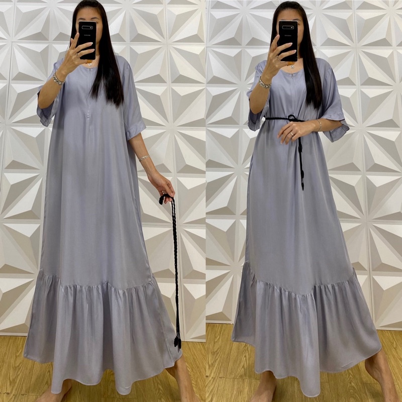 daster MONA tangan 3/4 PB 130cm /daster panjang rempel tangan 3/4  JUMBO premium sleting /busui/rempel tangan 3/4/ tangan pendek/ tali grosir ecer SEMATA KAKI RAYON-abu