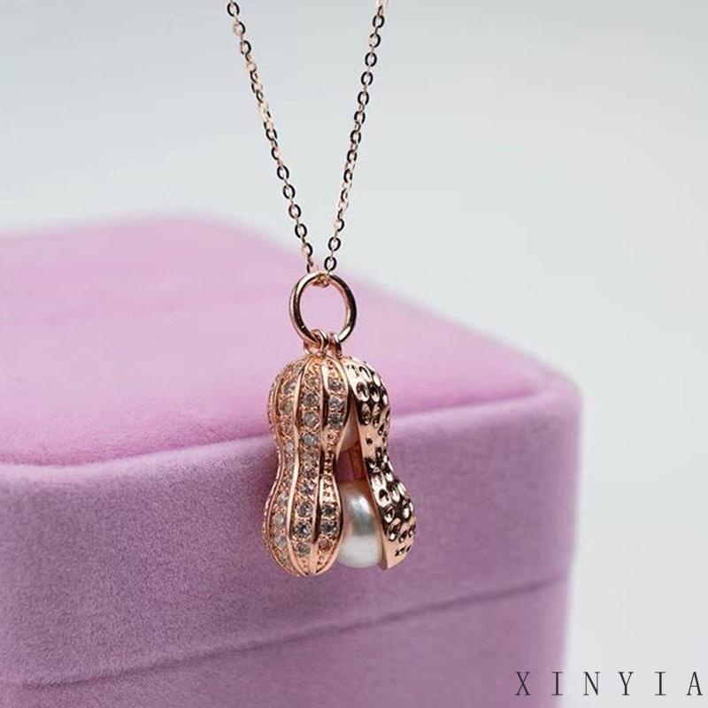 Kalung Liontin Mutiara Kacang Lapis Perak Warna Rose Gold