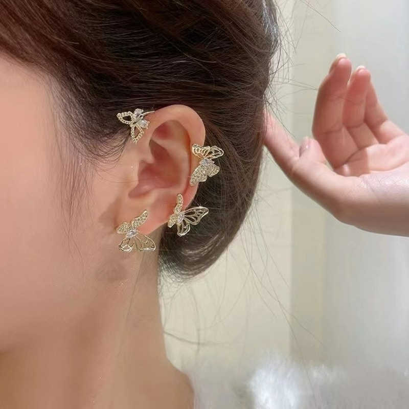 Anting Kait Klip Telinga Palsu Bentuk Kupu-Kupu Lapis Emas Perak Bahan Zirkon Untuk Wanita