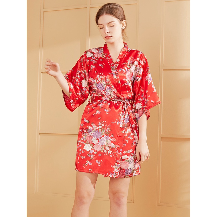 Baju Tidur KIMONO BUNGA satin Gaya Korea Fashion Peacock Fashion Silk Sleepwear Jepang